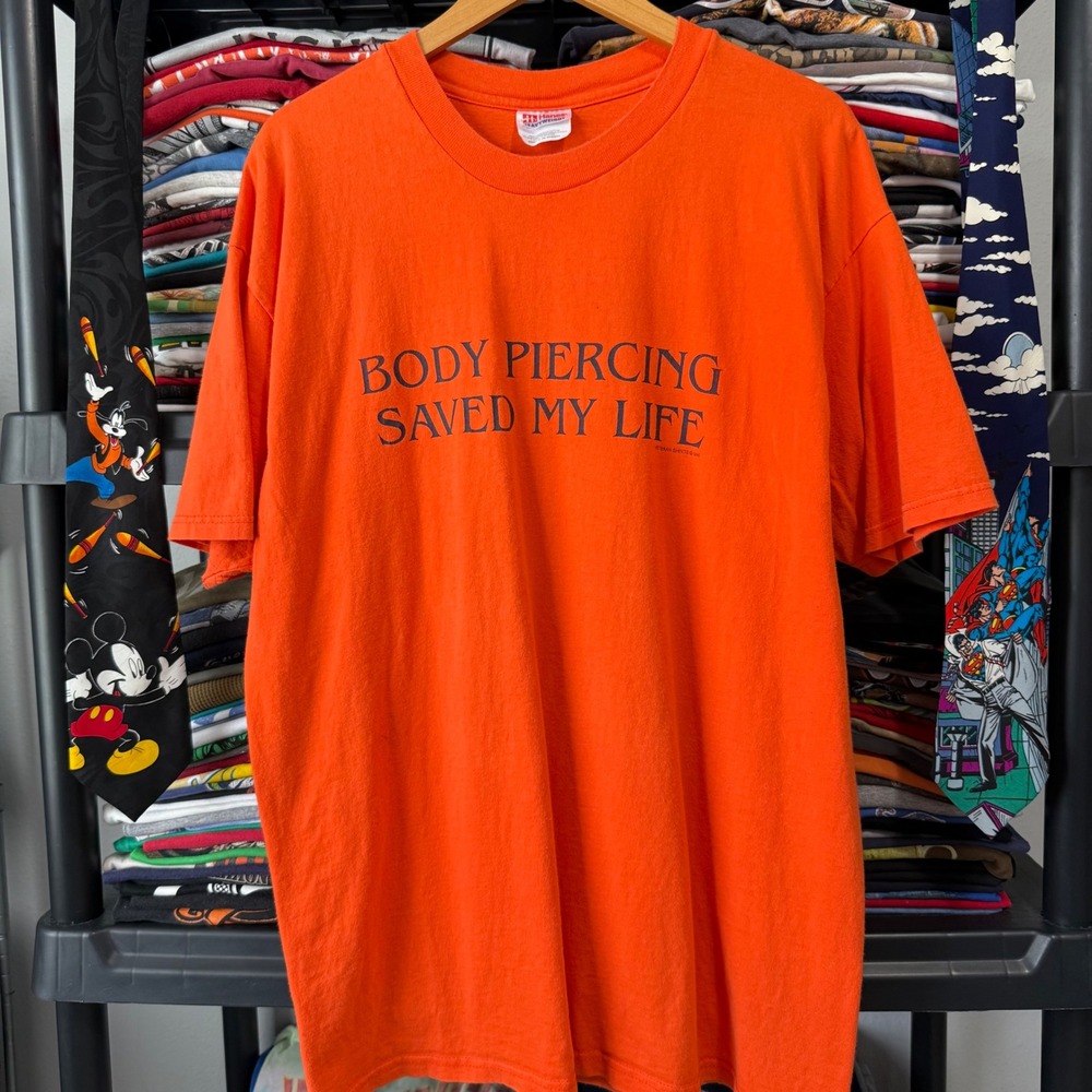 Vintage 90s Orange Body Piercing Saved My Life Veteran Shirts Graphic Tee XL
